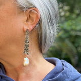 ong dark silver and 18K yellow gold chainmail earrings with pink diamonds and large pearl