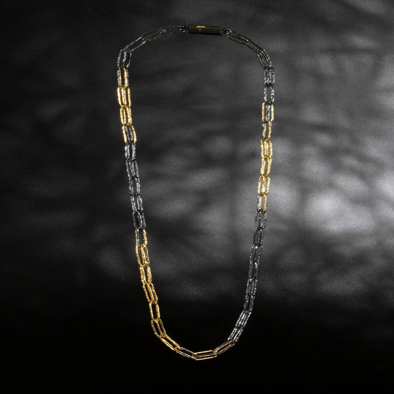 Oxidized Sterling silver and 18KY gold distressed links are shown against a dark background.