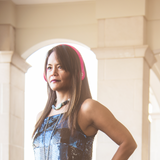 Model wears the Glacier chain mail necklace in oxidized Sterling silver, 18KY gold and Aquamarines.