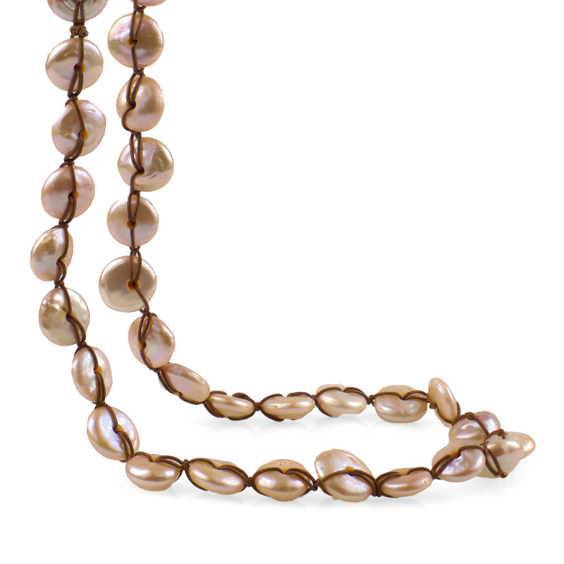Close up of RANGER freshwater pearl necklace.