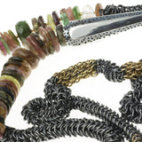 section of micro maille necklace with tourmaline disc beads and pointed silver ends