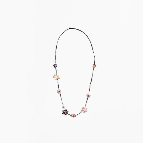 Oxidized Sterling silver beaded chain featuring 10 freshwater pearl flower of varying sizes and colors
