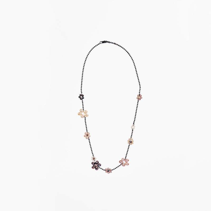 Oxidized Sterling silver beaded chain featuring 10 freshwater pearl flower of varying sizes and colors