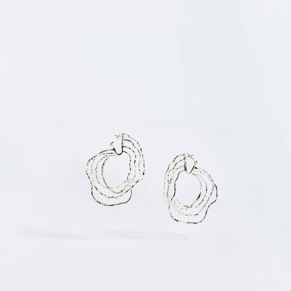 Ripply bright Sterling silver loops made of 4 strands of embossed wire with pierced clip earring findings.