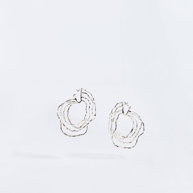 Ripply bright Sterling silver loops made of 4 strands of embossed wire with pierced clip earring findings.