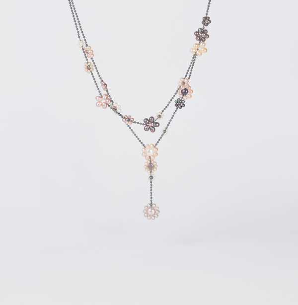 Carolina Cole Spring oxidizes Sterling silver beaded chain and fresh water pearls flowers necklace shown with an oxidized sterling silver VINE necklace.