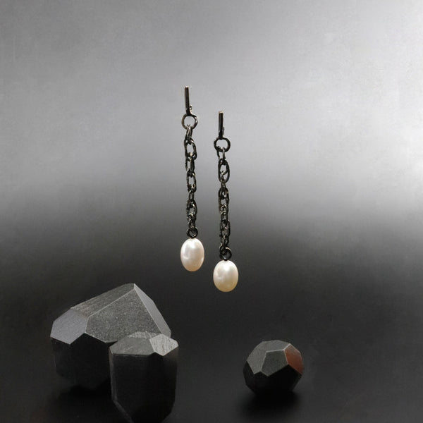Oxidized Sterling Silver distressed chain earrings with large oval freshwater pearl bottom.