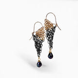 18KY gold and oxidized Sterling Silver chain mail earrings with a black freshwater pearl at the bottom