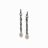 Oxidized Sterling Silver distressed chain earrings with large oval freshwater pearl bottom.