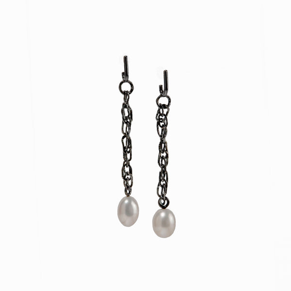 Oxidized Sterling Silver distressed chain earrings with large oval freshwater pearl bottom.