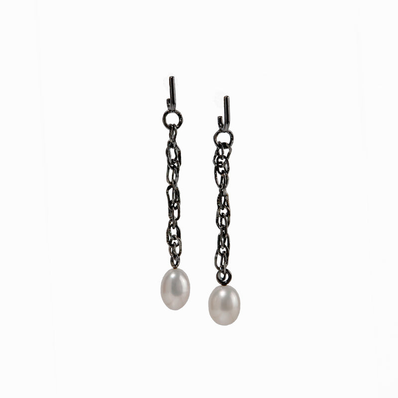 Oxidized Sterling Silver distressed chain earrings with large oval freshwater pearl bottom.