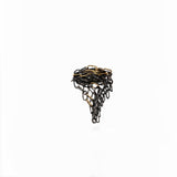 Dramatic oxidized sterling silver and gold draping chain maille ring by Carolina Cole