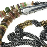 section of micro maille  necklace with tourmaline disc beads and pointed silver ends
